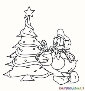 Donald Duck en kerstboom kleurplaat