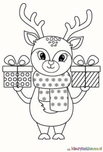 kerst rendier met twee cadeaus kleurplaat