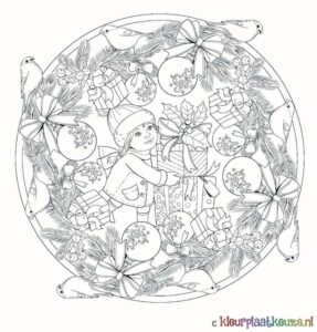 kerstmandala met klein schattig meisje kleurplaat