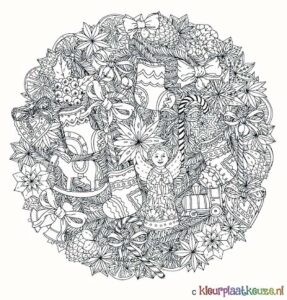 kerstmandala met versiering en engel kleurplaat