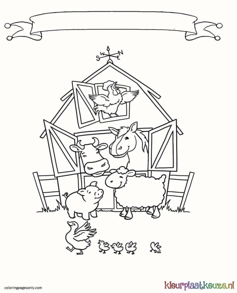 kleurplaat boerderijschuur met dieren