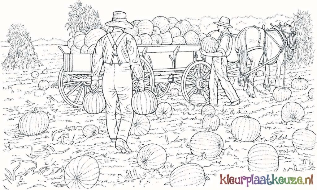 kleurplaat boeren in pompoenveld
