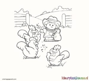 kleurplaat boerin voert kippen cartoon