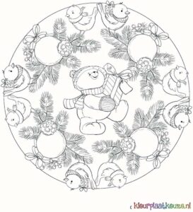 mandala kerst Ornament vogels en teddybeer kleurplaat
